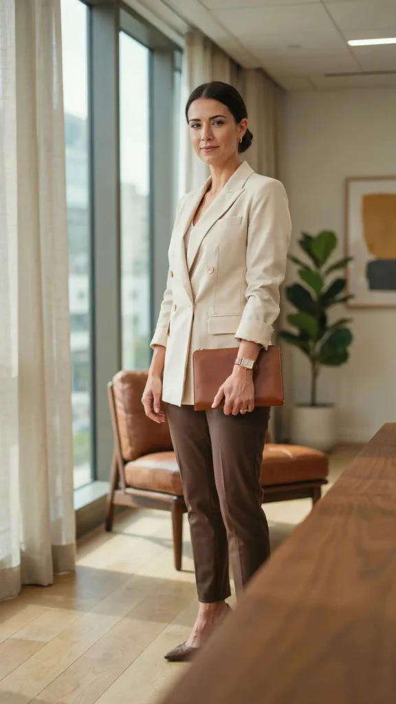 Cream-Blazer-With-Espresso-Trousers-and-Pointed-Pumps Cream Blazer With Espresso Trousers and Pointed Pumps