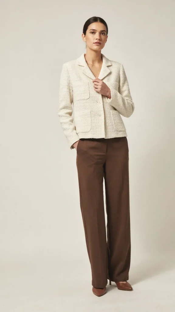 Cream-Boucle-Jacket-with-Tailored-Chocolate-Wide-Leg-Trousers Cream Bouclé Jacket with Tailored Chocolate Wide Leg Trousers