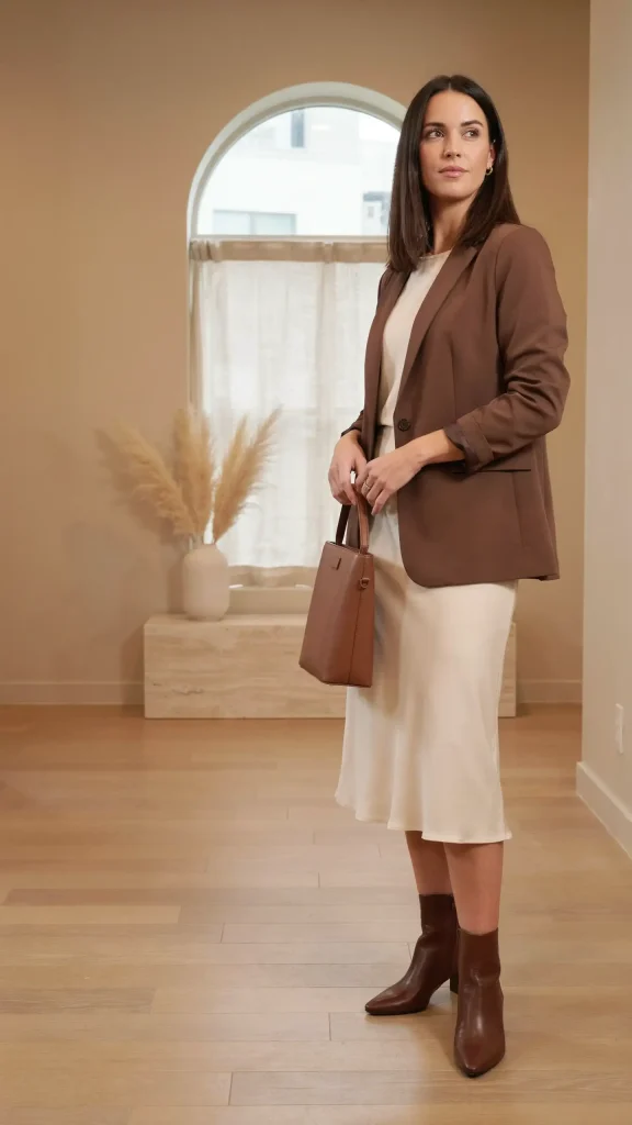 Cream-Midi-Dress-With-Chocolate-Blazer-and-Ankle-Boots Cream Midi Dress With Chocolate Blazer and Ankle Boots