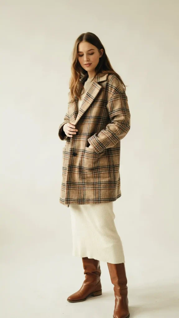Cream-Ribbed-Maxi-Dress-with-Oversized-Plaid-Coat Cream Ribbed Maxi Dress with Oversized Plaid Coat