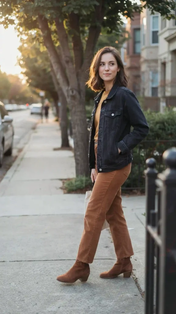 Dark-Denim-Jacket-with-Mustard-Sweater-and-Brown-Boots Dark Denim Jacket with Mustard Sweater and Brown Boots