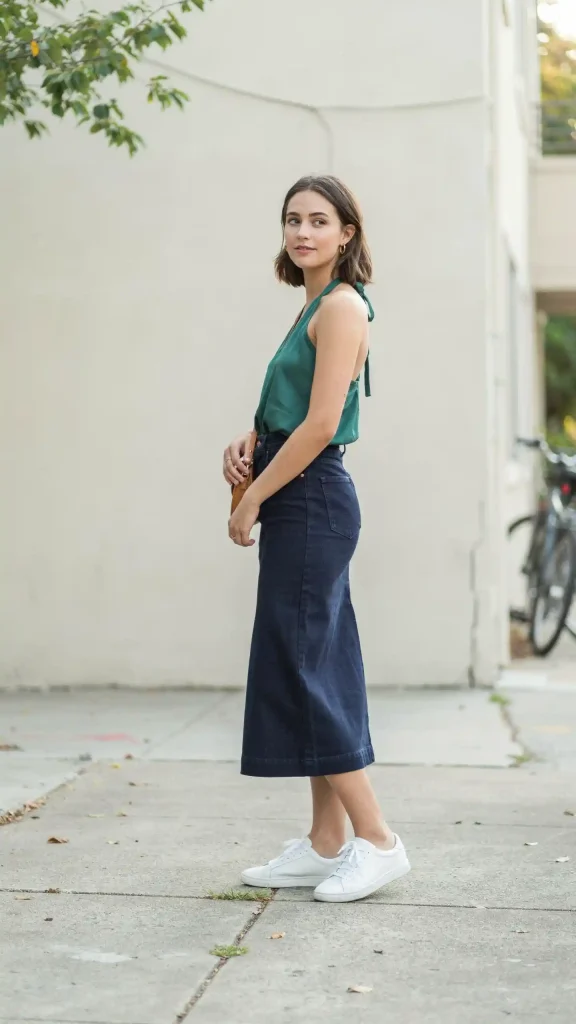 Dark-Denim-Midi-Skirt-with-Emerald-Green-Halter-Blouse Dark Denim Midi Skirt with Emerald Green Halter Blouse