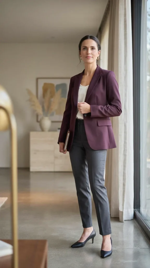 Deep-Plum-Blazer-With-Gray-Trousers-and-Silk-Camisole Deep Plum Blazer With Gray Trousers and Silk Camisole
