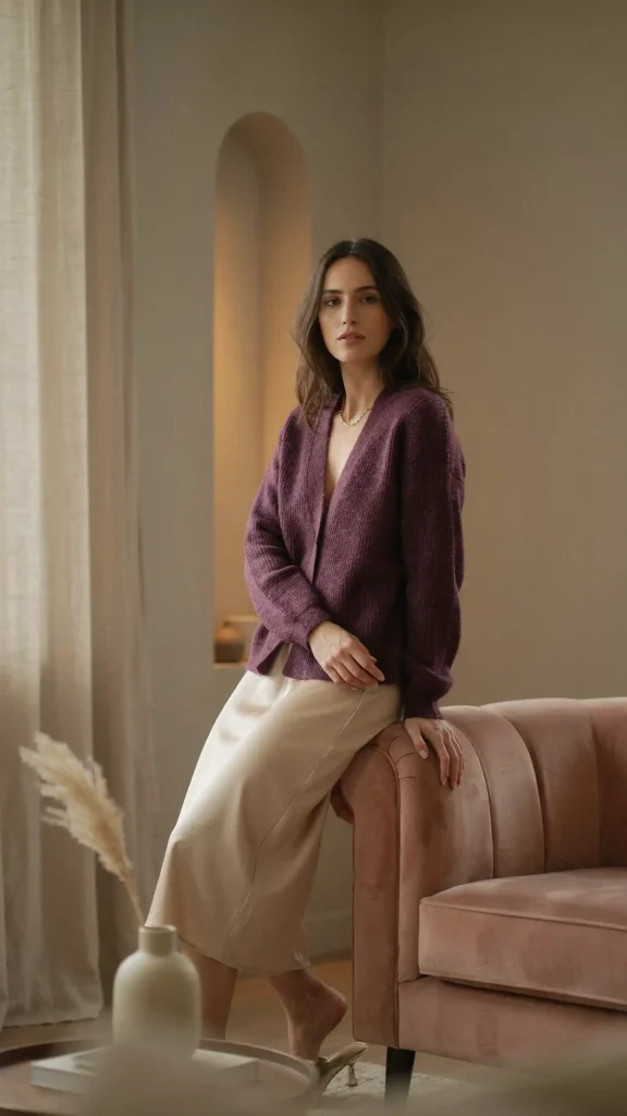 Deep-Plum-Cardigan-with-Satin-Trousers-and-Pointed-Mules Deep Plum Cardigan with Satin Trousers and Pointed Mules