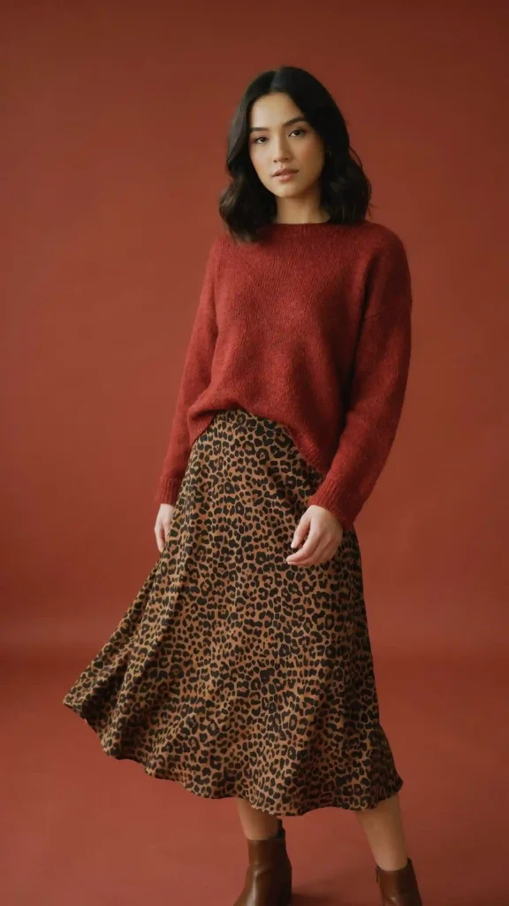 Deep-Red-Sweater-with-Leopard-Midi-Skirt-and-Boots Deep Red Sweater with Leopard Midi Skirt and Boots