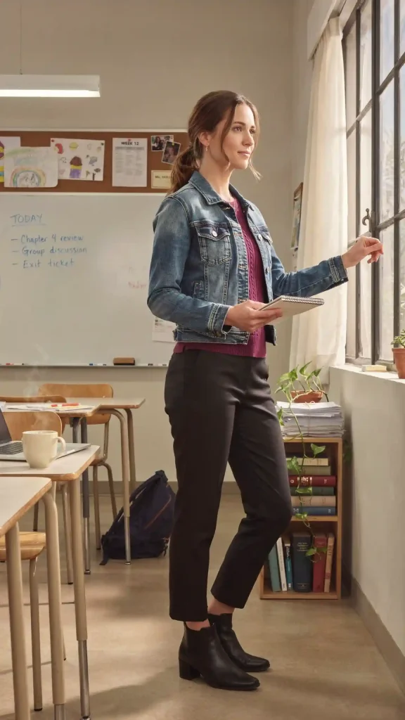 Denim-Jacket-With-Burgundy-Knit-Top-and-Black-Trousers Denim Jacket With Burgundy Knit Top and Black Trousers