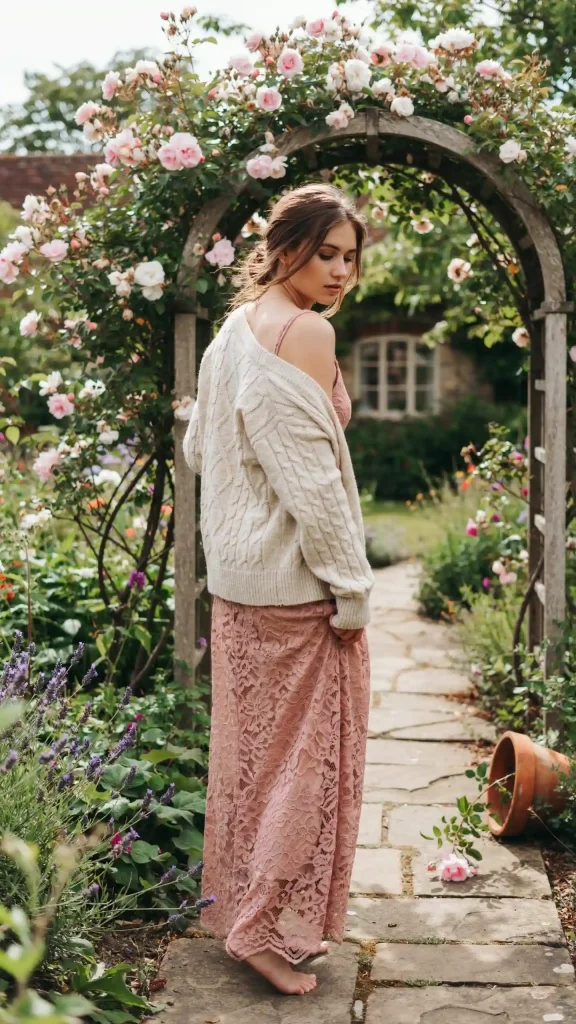 Dusty Rose Lace Maxi Dress with Soft Cardigan