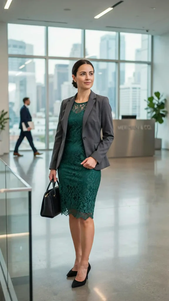 Emerald-Lace-Sheath-Dress-with-Structured-Blazer Emerald Lace Sheath Dress with Structured Blazer