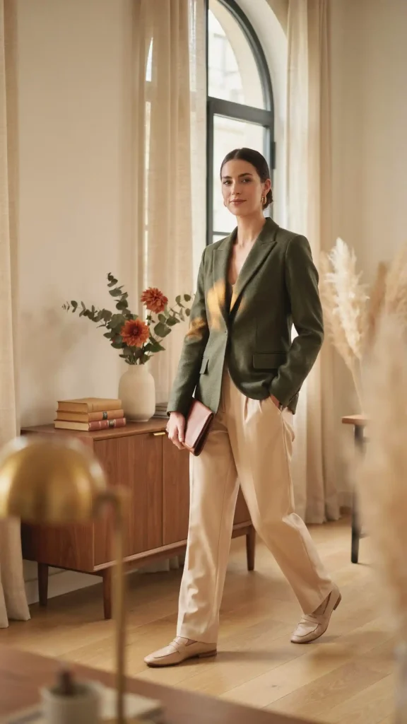 Forest-Green-Blazer-With-Beige-Pleated-Trousers Forest Green Blazer With Beige Pleated Trousers
