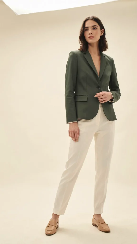 Forest Green Blazer with Ivory Trousers and Loafers Forest Green Blazer with Ivory Trousers and Loafers