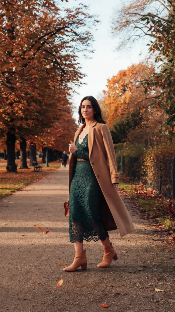 Forest-Green-Lace-Midi-Dress-with-Longline-Coat Forest Green Lace Midi Dress with Longline Coat