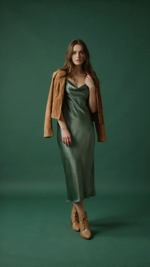 Forest Green Satin Dress with Cropped Suede Jacket Forest Green Satin Dress with Cropped Suede Jacket
