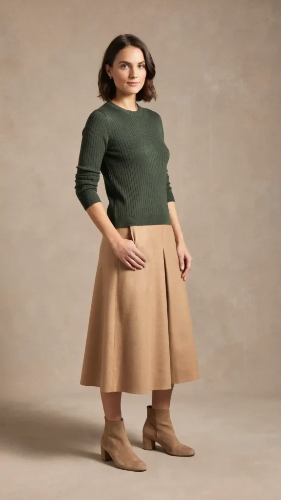 Forest-Green-Sweater-with-Camel-Skirt-and-Suede-Boots Forest Green Sweater with Camel Skirt and Suede Boots