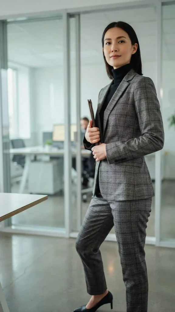 Gray-Checked-Suit-With-Black-Turtleneck-and-Heels Gray Checked Suit With Black Turtleneck and Heels