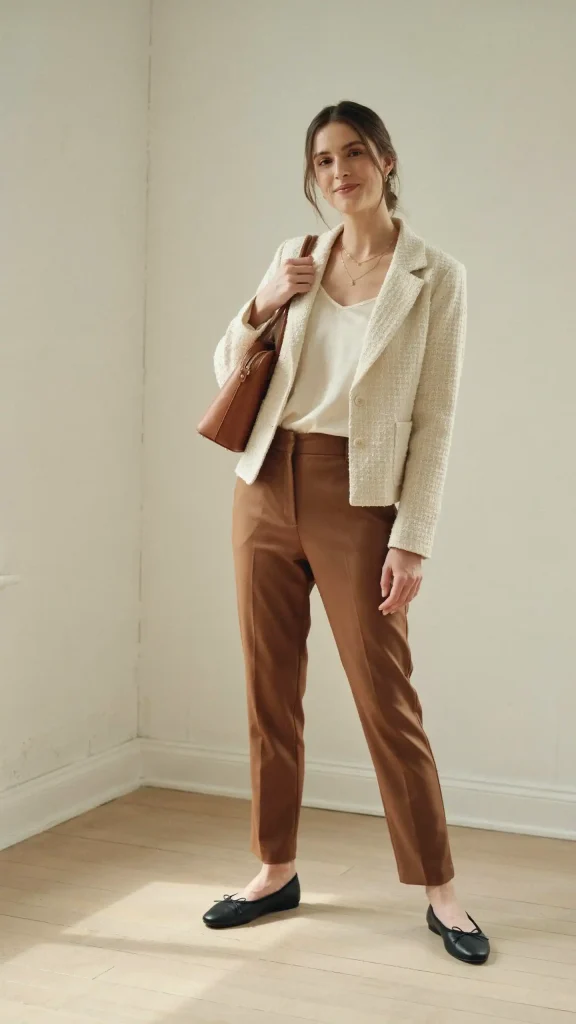 Ivory-Boucle-Jacket-with-Brown-Trousers-and-Ballet-Flats Ivory Bouclé Jacket with Brown Trousers and Ballet Flats