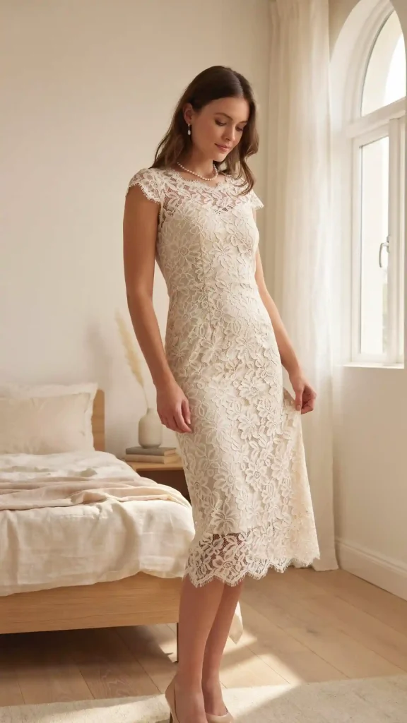 Ivory-Lace-Midi-Dress-with-Delicate-Pearl-Accessories Ivory Lace Midi Dress with Delicate Pearl Accessories