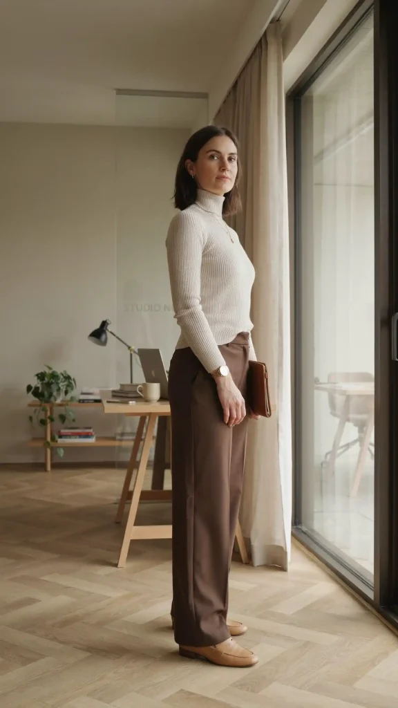 Ivory-Turtleneck-With-Chocolate-Wide-Leg-Tailored-Trousers Ivory Turtleneck With Chocolate Wide-Leg Tailored Trousers