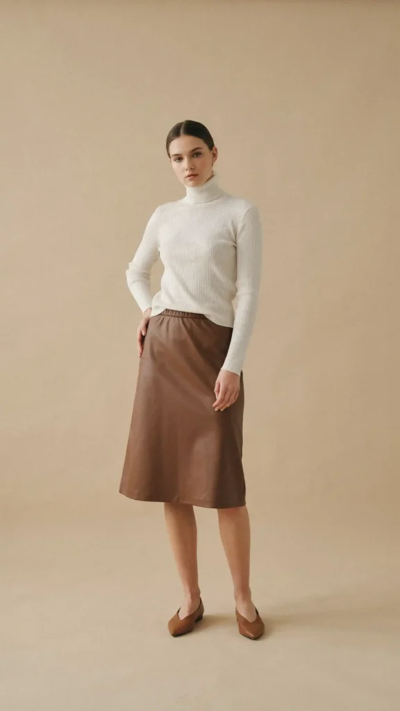 Ivory-Turtleneck-with-Chocolate-Leather-Midi-Skirt Ivory Turtleneck with Chocolate Leather Midi Skirt