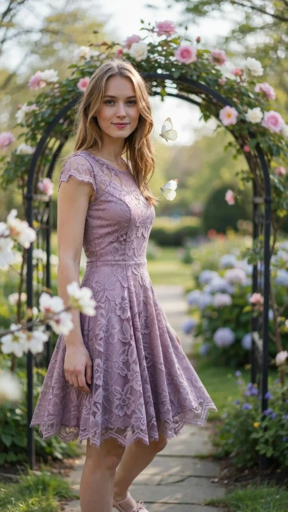 Lavender-Lace-Fit-and-Flare-Dress-with-Ballet-Flats Lavender Lace Fit and Flare Dress with Ballet Flats