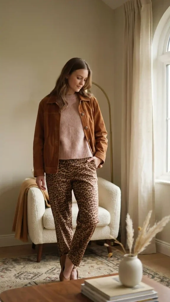 Leopard-Pants-with-Blush-Sweater-and-Cognac-Suede-Jacket Leopard Pants with Blush Sweater and Cognac Suede Jacket