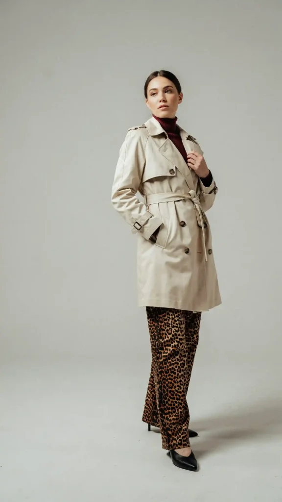 Leopard-Pants-with-Burgundy-Turtleneck-and-Cream-Trench-Coat Leopard Pants with Burgundy Turtleneck and Cream Trench Coat