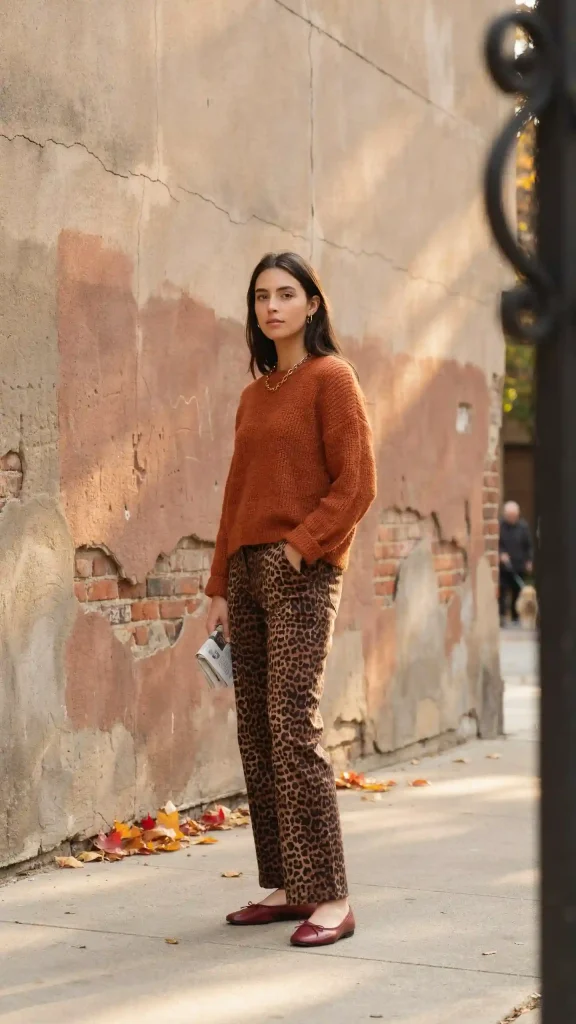 Leopard-Pants-with-Burnt-Orange-Sweater-and-Claret-Flats Leopard Pants with Burnt Orange Sweater and Claret Flats