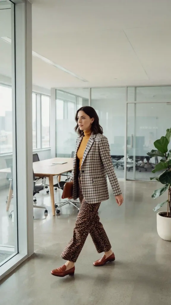 Leopard-Pants-with-Checked-Blazer-and-Mustard-Turtleneck Leopard Pants with Checked Blazer and Mustard Turtleneck