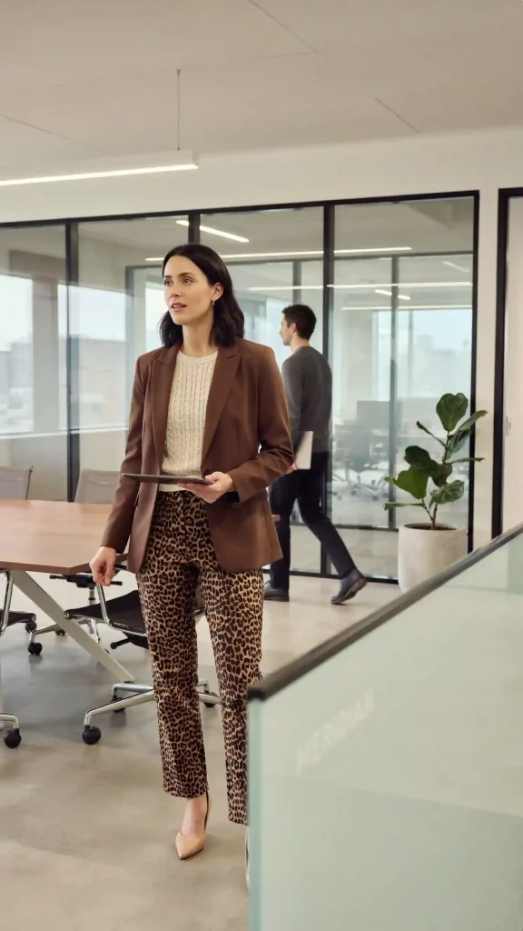 Leopard-Pants-with-Chocolate-Blazer-and-Ivory-Knit-Top Leopard Pants with Chocolate Blazer and Ivory Knit Top