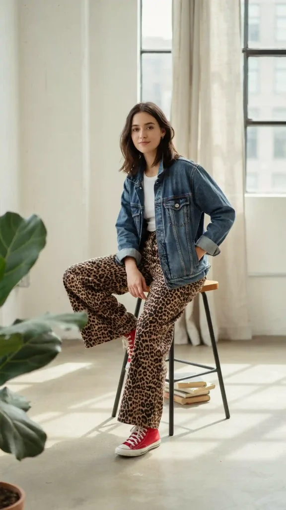 Leopard-Pants-with-Denim-Jacket-and-Red-Retro-Sneakers Leopard Pants with Denim Jacket and Red Retro Sneakers