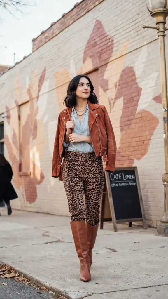 Leopard-Pants-with-Denim-Shirt-and-Rust-Suede-Jacket Leopard Pants with Denim Shirt and Rust Suede Jacket