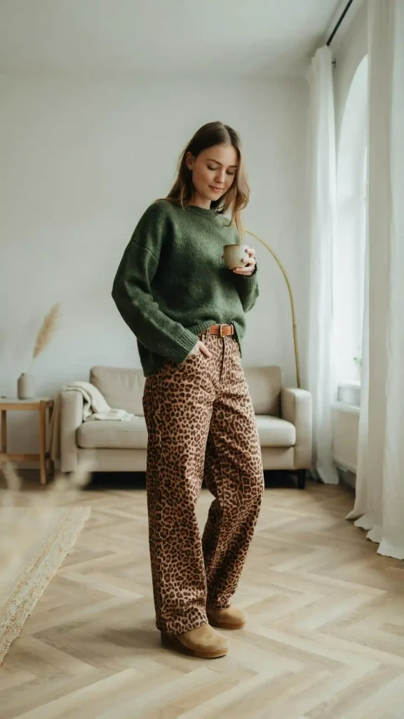 Leopard-Pants-with-Forest-Green-Sweater-and-Tan-Clogs Leopard Pants with Forest Green Sweater and Tan Clogs