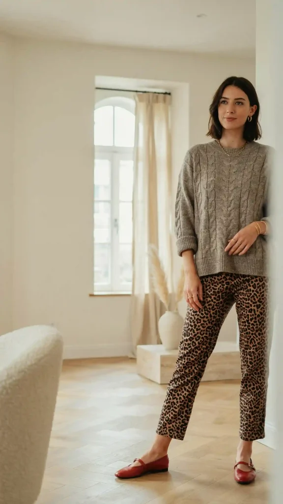 Leopard-Pants-with-Gray-Cable-Knit-and-Cherry-Red-Flats Leopard Pants with Gray Cable Knit and Cherry Red Flats