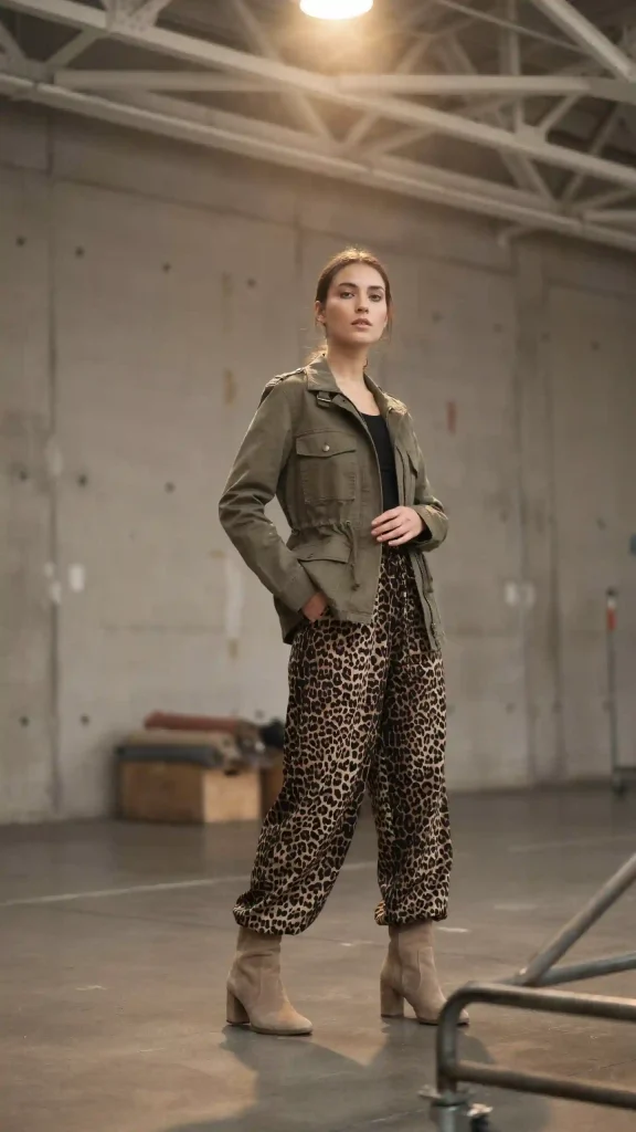 Leopard-Pants-with-Olive-Utility-Jacket-and-Tan-Boots Leopard Pants with Olive Utility Jacket and Tan Boots