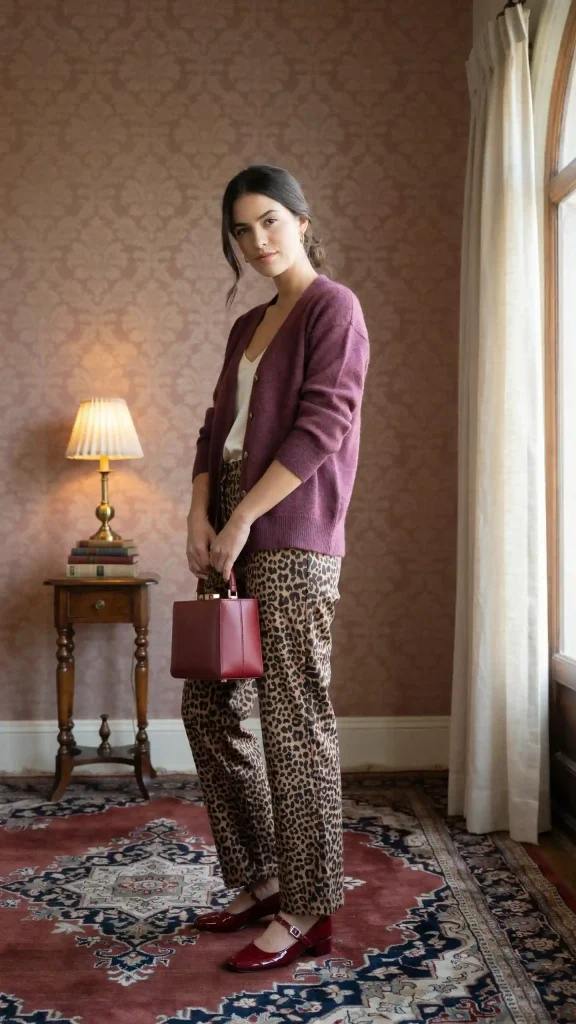 Leopard-Pants-with-Plum-Cardigan-and-Burgundy-Mary-Janes Leopard Pants with Plum Cardigan and Burgundy Mary Janes