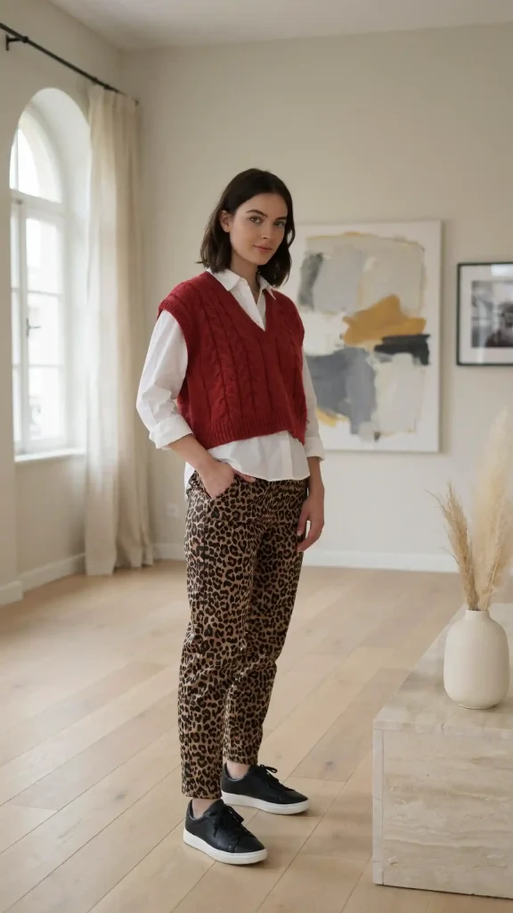 Leopard-Pants-with-Red-Knit-Vest-and-White-Button-Down Leopard Pants with Red Knit Vest and White Button Down