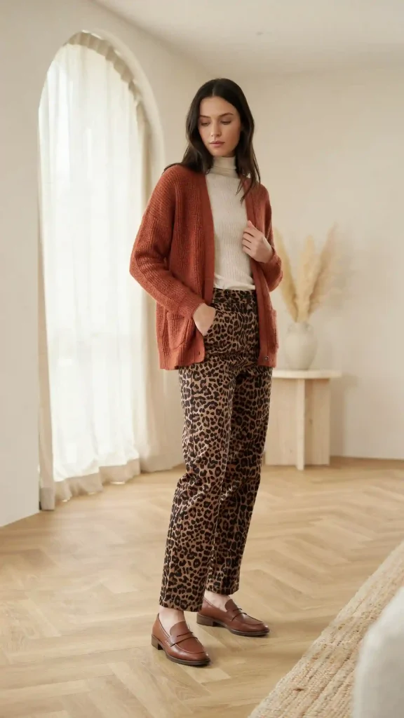 Leopard-Pants-with-Rust-Cardigan-and-Brown-Loafers Leopard Pants with Rust Cardigan and Brown Loafers