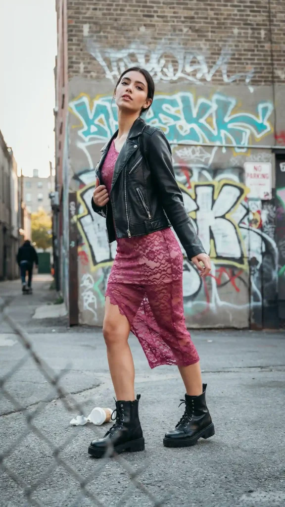 Magenta-Lace-Asymmetrical-Dress-with-Cropped-Leather-Jacket Magenta Lace Asymmetrical Dress with Cropped Leather Jacket