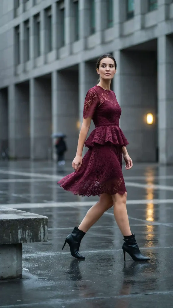 Maroon-Lace-Peplum-Dress-with-Pointed-Toe-Boots Maroon Lace Peplum Dress with Pointed Toe Boots