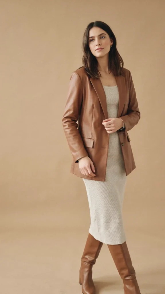 Mocha Leather Blazer with Ivory Knit Midi Dress