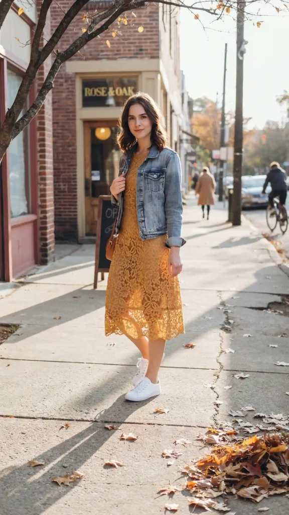 Mustard-Lace-A-Line-Dress-with-Denim-Jacket Mustard Lace A Line Dress with Denim Jacket
