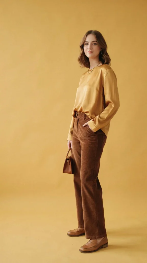 Mustard-Satin-Blouse-with-Chocolate-Corduroy-Wide-Leg-Pants Mustard Satin Blouse with Chocolate Corduroy Wide Leg Pants