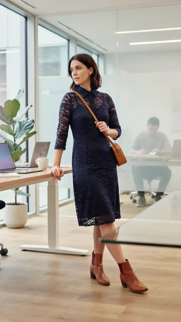 Navy-Lace-Shirt-Dress-with-Leather-Ankle-Boots Navy Lace Shirt Dress with Leather Ankle Boots