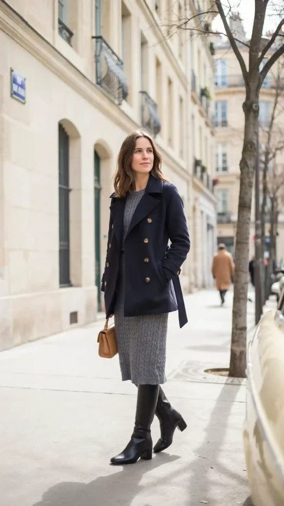 Navy-Peacoat-with-Gray-Knit-Dress-and-Riding-Boots Navy Peacoat with Gray Knit Dress and Riding Boots