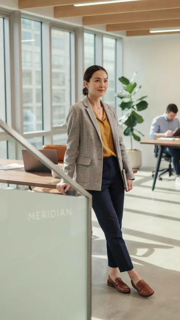 Navy-Trousers-With-Mustard-Blouse-and-Gray-Blazer Navy Trousers With Mustard Blouse and Gray Blazer