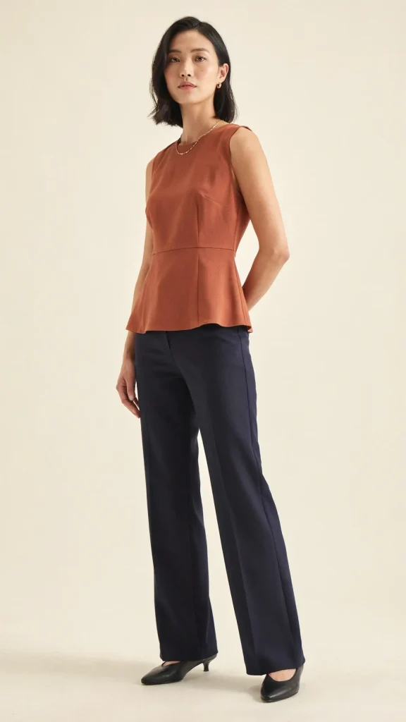 Navy-Wide-Leg-Trousers-with-Rust-Sleeveless-Peplum-Blouse Navy Wide Leg Trousers with Rust Sleeveless Peplum Blouse