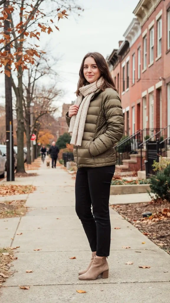 Olive-Quilted-Jacket-with-Cream-Scarf-and-Black-Denim Olive Quilted Jacket with Cream Scarf and Black Denim
