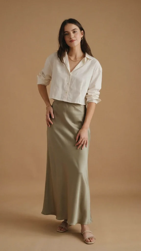 Olive-Satin-Maxi-Skirt-with-Ivory-Cropped-Button-Front-Shirt Olive Satin Maxi Skirt with Ivory Cropped Button Front Shirt