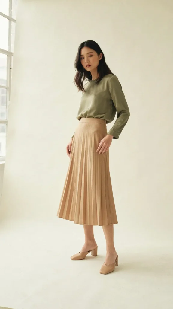 Olive-Silk-Blouse-with-Pleated-Camel-Midi-Skirt Olive Silk Blouse with Pleated Camel Midi Skirt
