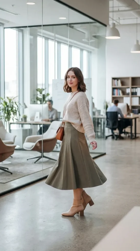 Olive-Tailored-Midi-Skirt-With-Cream-Knit-Sweater Olive Tailored Midi Skirt With Cream Knit Sweater
