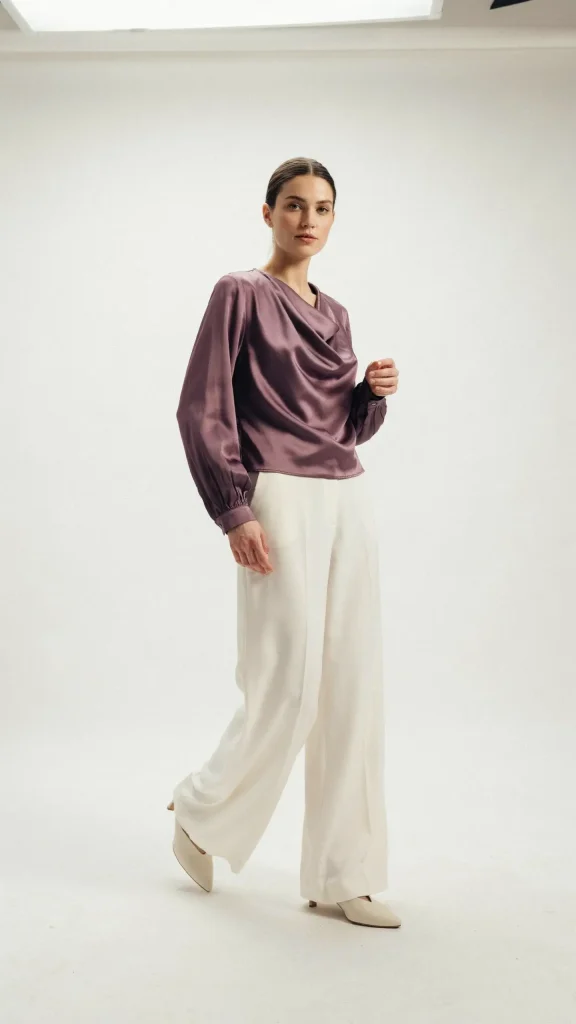 Plum-Draped-Blouse-with-Ivory-Palazzo-Pants-and-Mules Plum Draped Blouse with Ivory Palazzo Pants and Mules